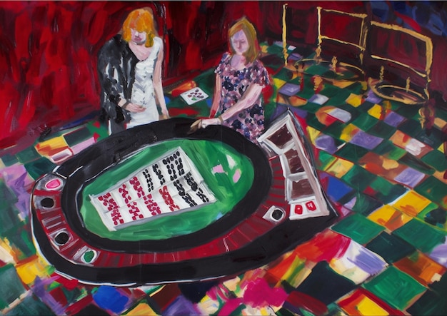 A painting of two women sitting at a poker table.