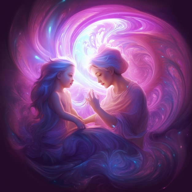 painting of two women in a swirly space with a light coming from them generative ai