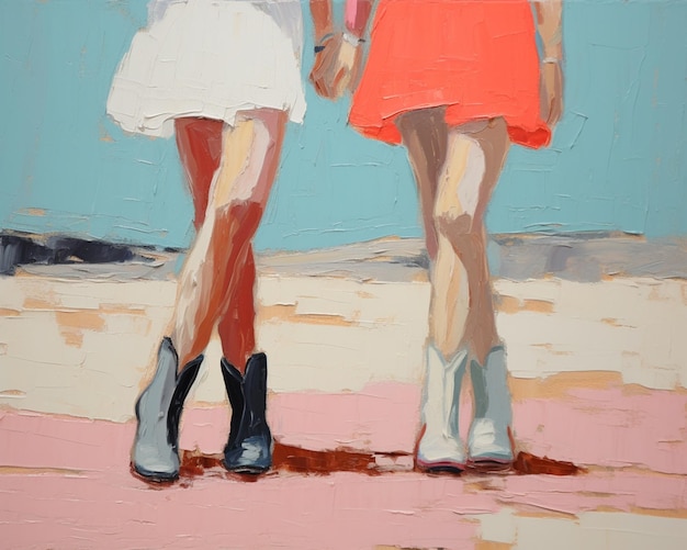 Painting of two women walking on a beach holding hands generative ai