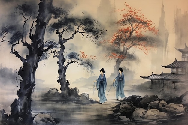A painting of two women walking in a forest with a tree in the background.