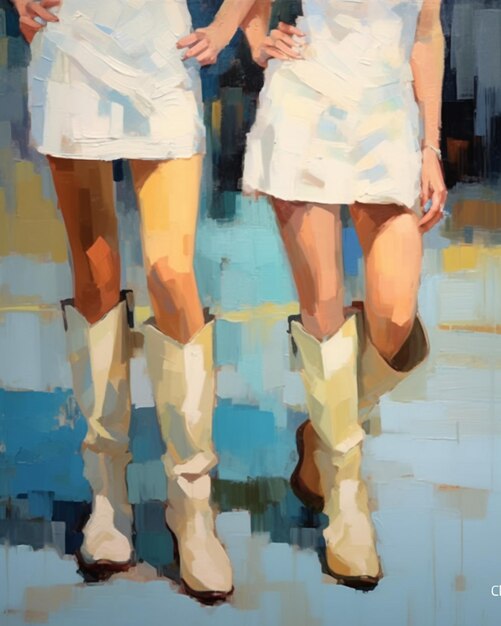 Painting of two women in white dresses and cowboy boots standing next to each other generative ai