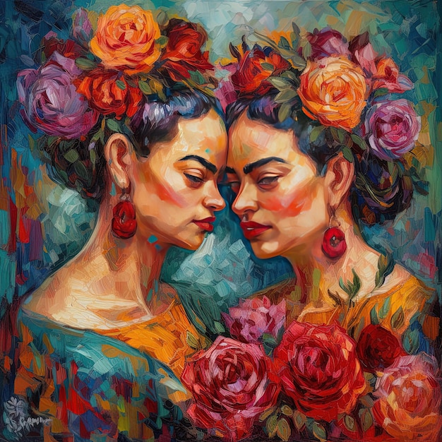 A painting of two women with flowers in the background.