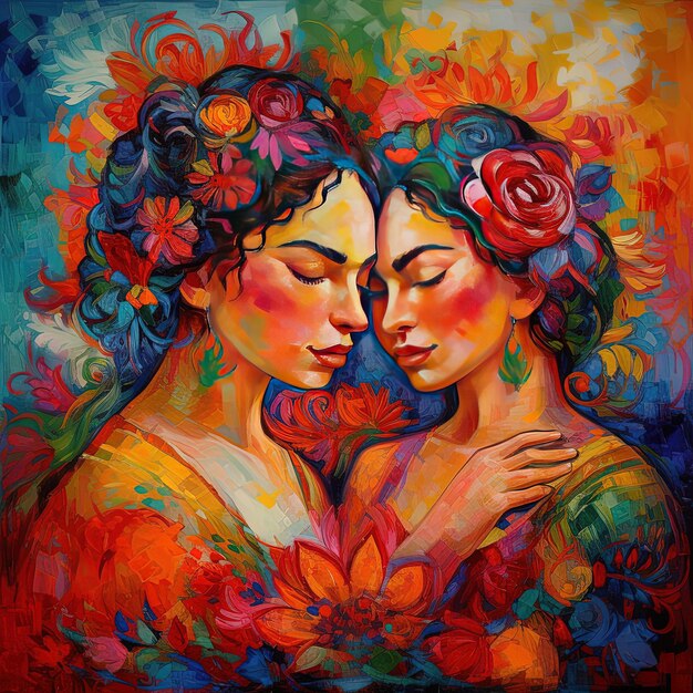 A painting of two women with flowers and the word " love ".