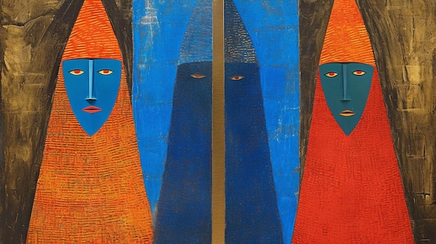 Картина двух женщин с красными лицами, у одной из них синее лицо, а у другой красное.