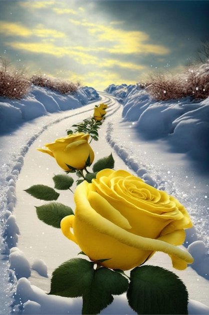 Painting of two yellow roses in the snow generative ai