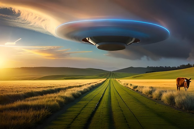 A painting of a ufo flying over a field