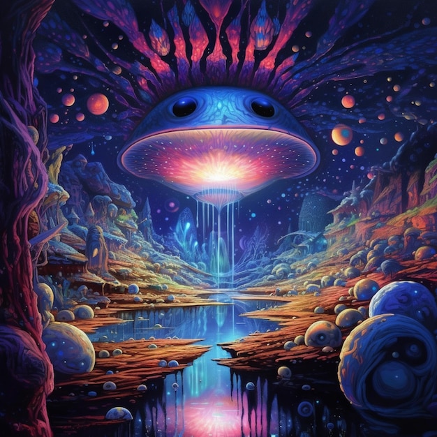 A painting of a ufo flying over a lake.