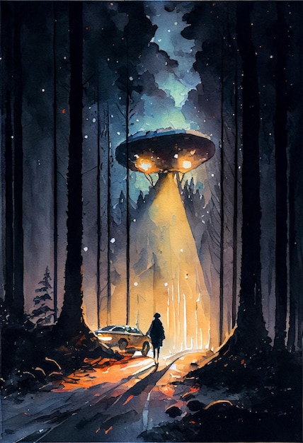 A painting of a ufo in a forest with a person in the foreground.