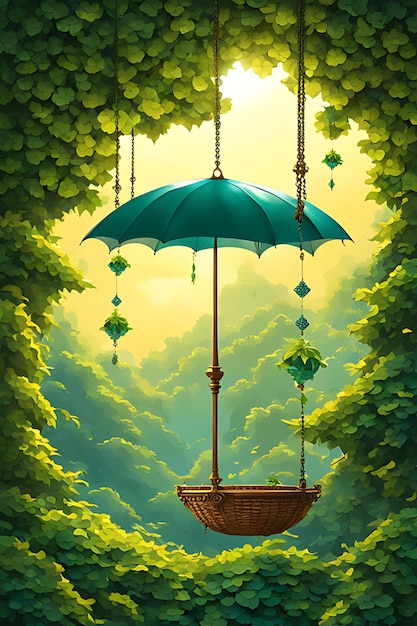 a painting of an umbrella hanging from a tree with a green umbrella