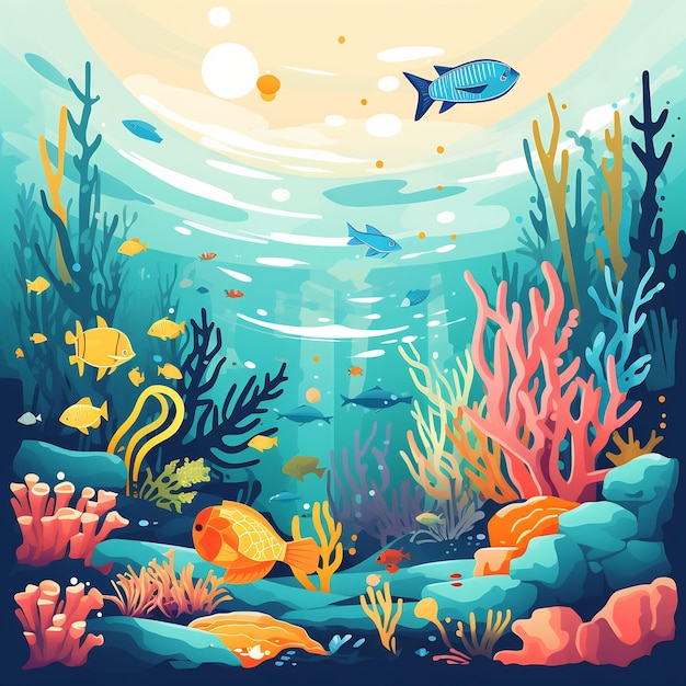 色とりどりの魚とサンゴの水中世界を描いた絵画