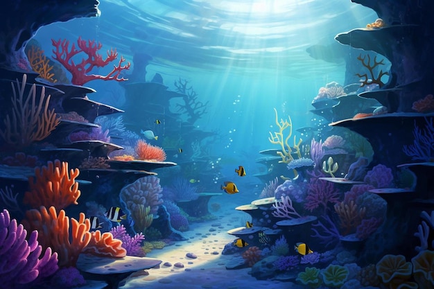 картина подводного мира с плавающей под ним рыбой.