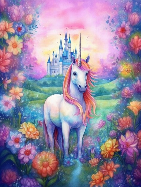 Painting of a unicorn in a field with flowers and a castle in the background generative ai