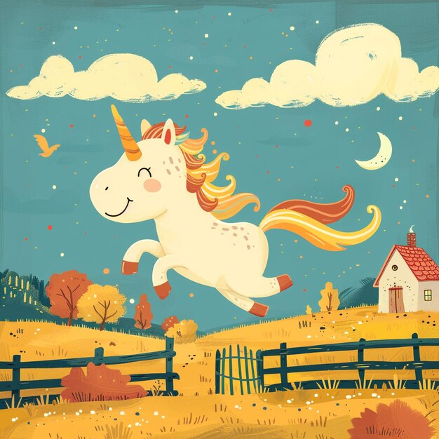 Photo a painting of a unicorn flying through a field with a house and clouds in the background