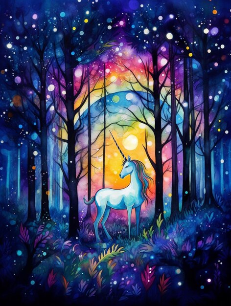 a painting of a unicorn in a forest with a full moon generative ai