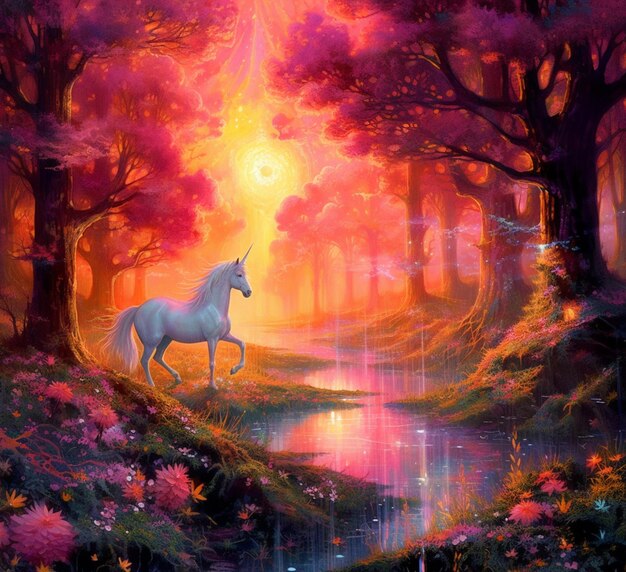 Painting of a unicorn in a forest with a stream of water generative ai