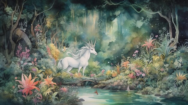 A painting of a unicorn in a forest