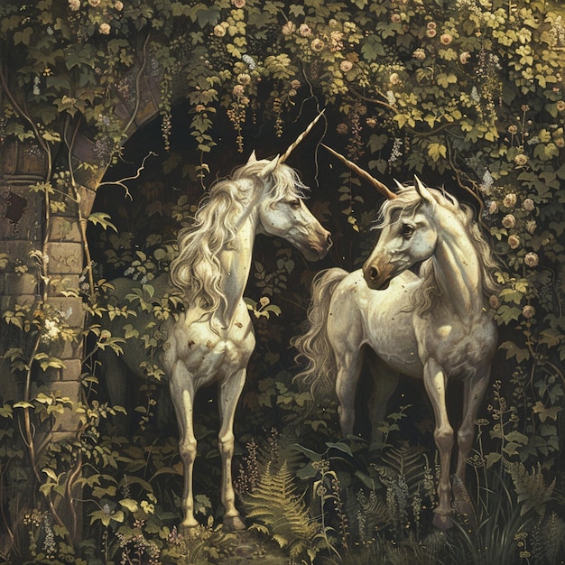 a painting of a unicorn and an unicorn in a forest