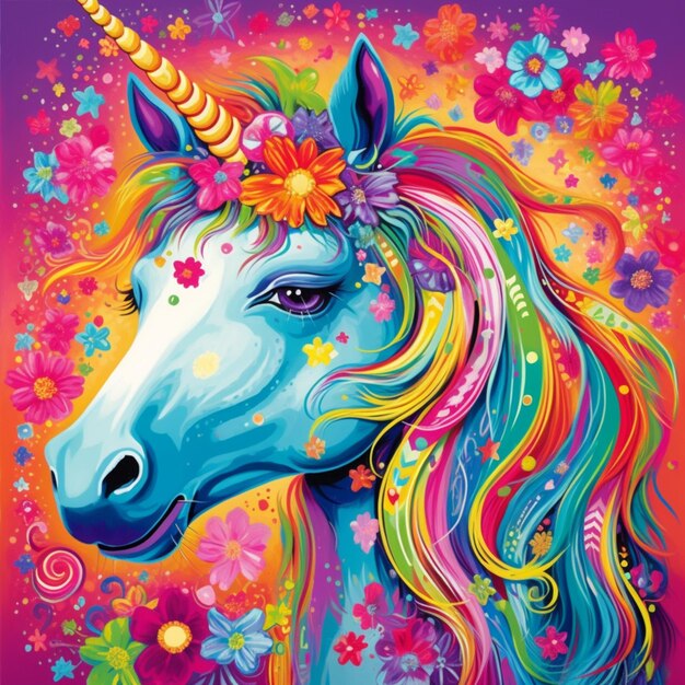 A painting of a unicorn with a colorful mane and flowers generative ai