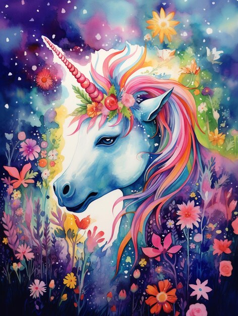 Painting of a unicorn with a flower crown in a field of flowers generative ai