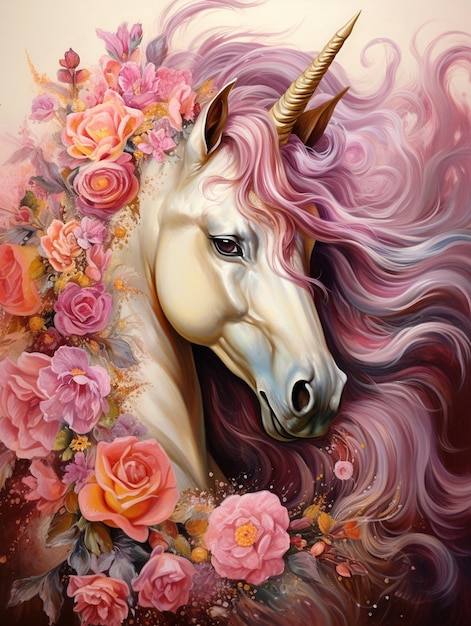 a painting of a unicorn with flowers in the background