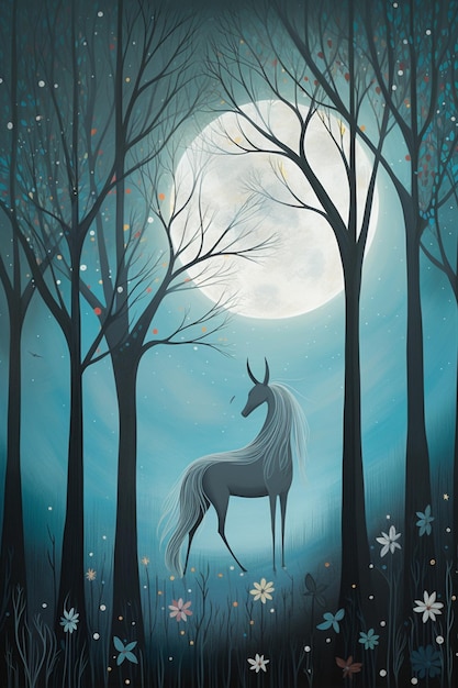 A painting of a unicorn with a full moon in the background.