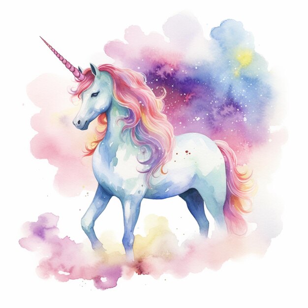 painting of a unicorn with a long mane and a pink mane generative ai