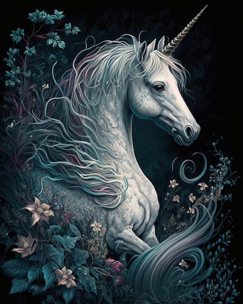 A painting of a unicorn with a long mane and tail.