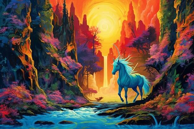 A painting of a unicorn with a river in the background