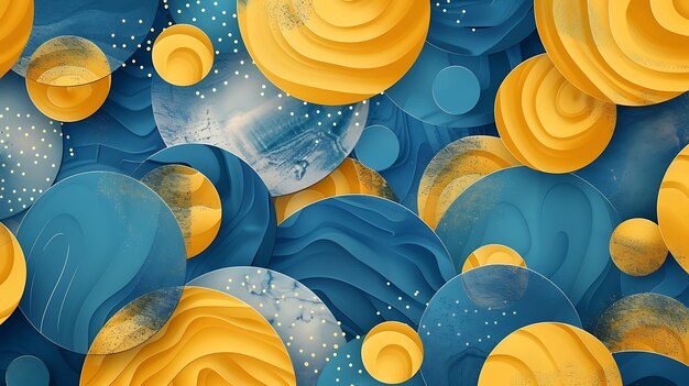 a painting of the universe with the blue and yellow circles