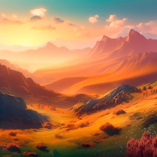 A painting of a valley with mountains and a sunset.