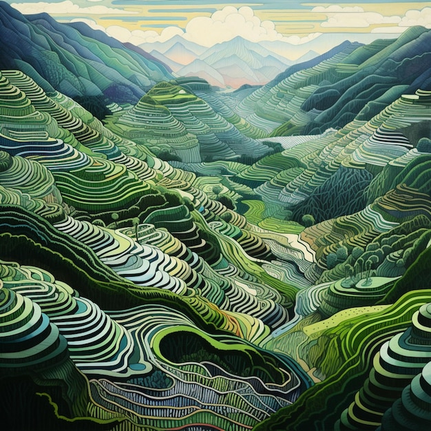 painting of a valley with a river and mountains in the background generative ai