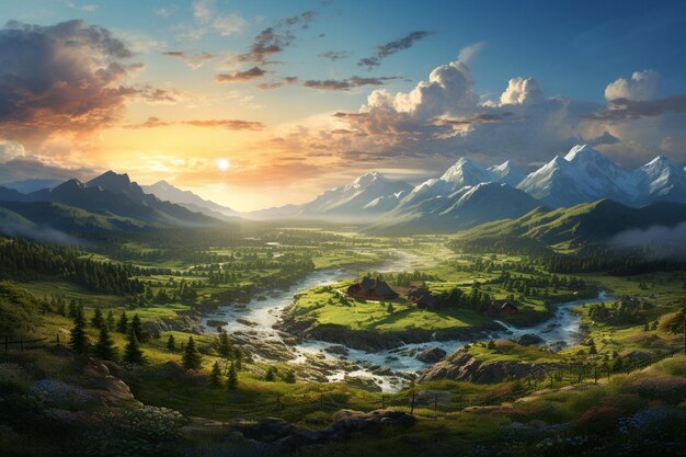 painting of a valley with a river and mountains in the background generative ai