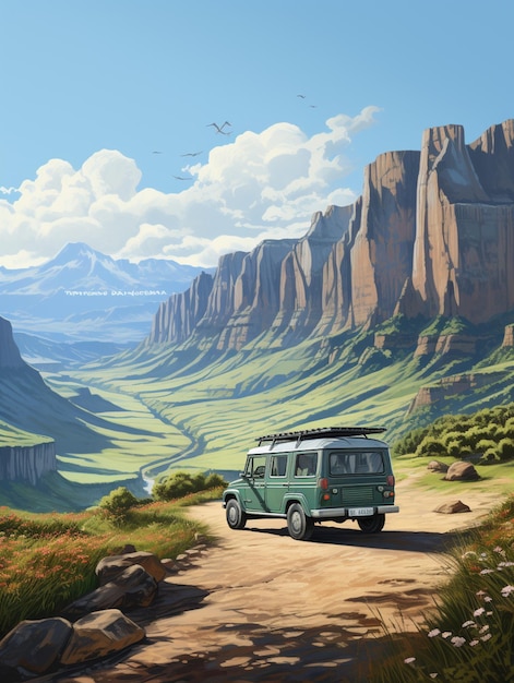 Photo painting of a van driving down a dirt road in a mountainous area generative ai