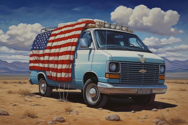 Photo painting of a van with an eagle on the front and american flag on the back