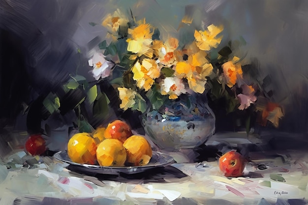 A painting of a vase of flowers and a bowl of fruit.