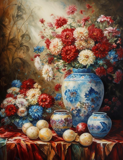 painting of a vase of flowers and fruit on a table generative ai