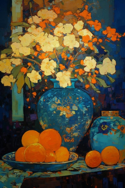 A painting of a vase of flowers and oranges