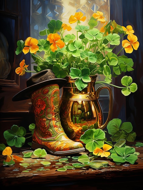 Photo painting of a vase of flowers and a pair of boots on a table generative ai