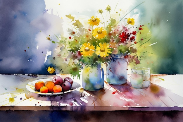 A painting of a vase of flowers and a plate of fruit