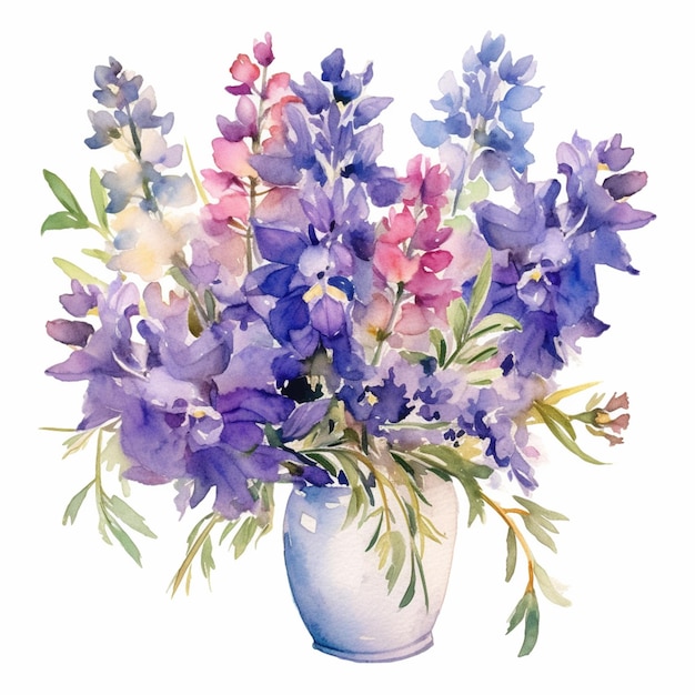 A painting of a vase of flowers with blue and pink flowers.