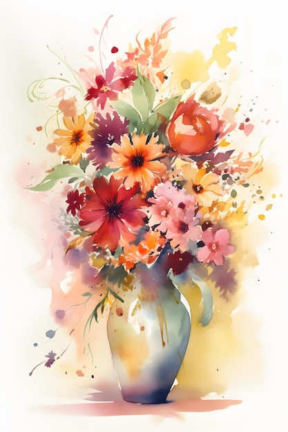 A painting of a vase of flowers with a colorful background.