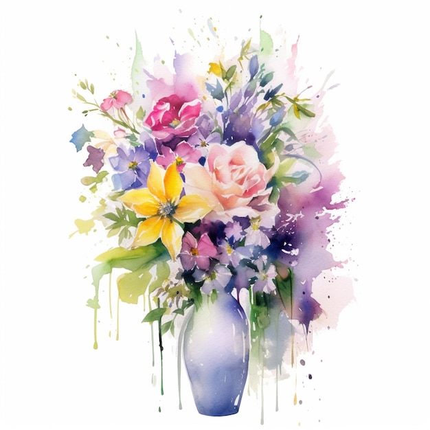 A painting of a vase of flowers with a colorful background.