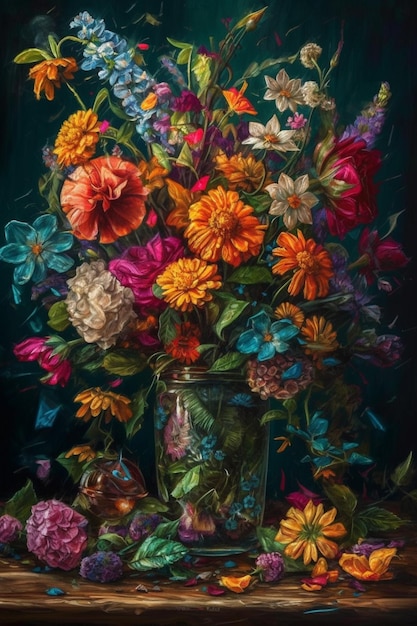 A painting of a vase of flowers with a glass of wine on the table.