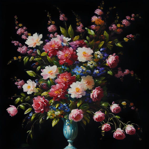 A painting of a vase of flowers with pink, red, and white flowers.