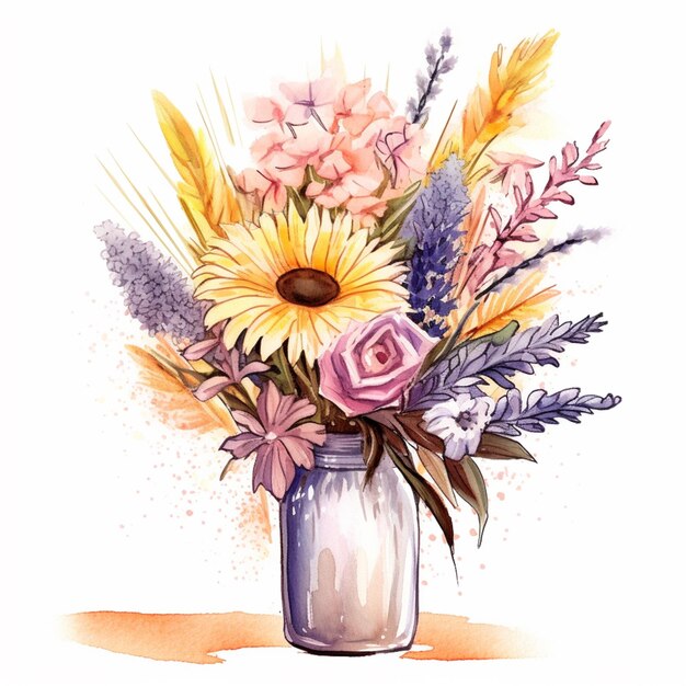 A painting of a vase of flowers with a pink and yellow flower on it.