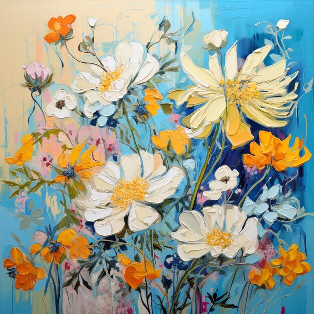 Painting of a vase of flowers with yellow and white flowers generative ai