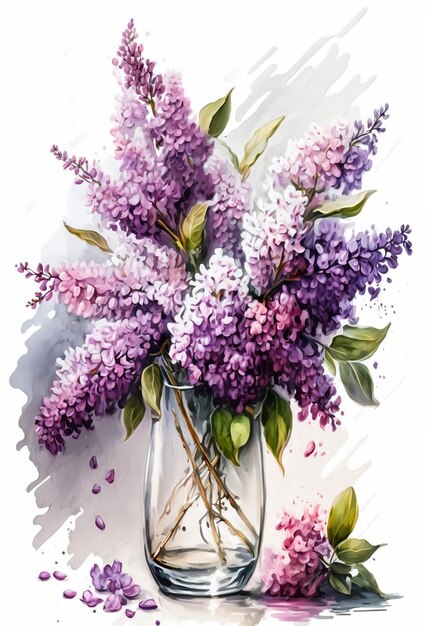 A painting of a vase of lilacs