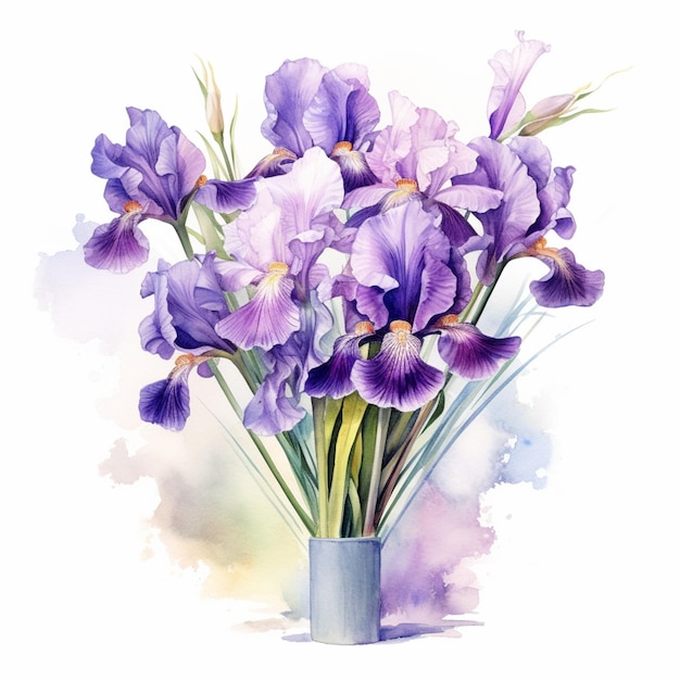 A painting of a vase of purple flowers with the word iris on it.