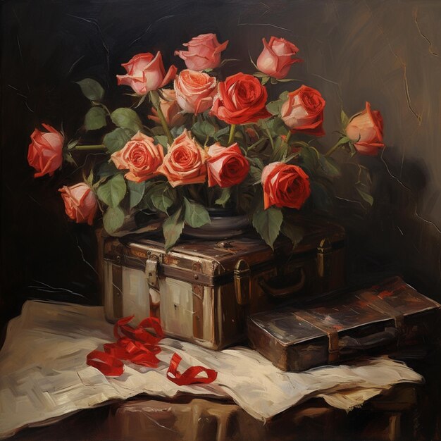 painting of a vase of roses and a book on a table generative ai