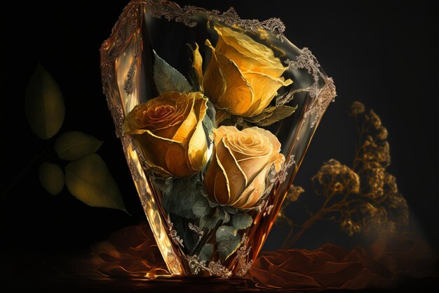 A painting of a vase of roses with a gold background.
